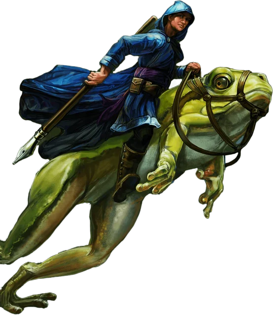 A hooded rider on a giant leaping frog, wielding a fountain pen like a lance